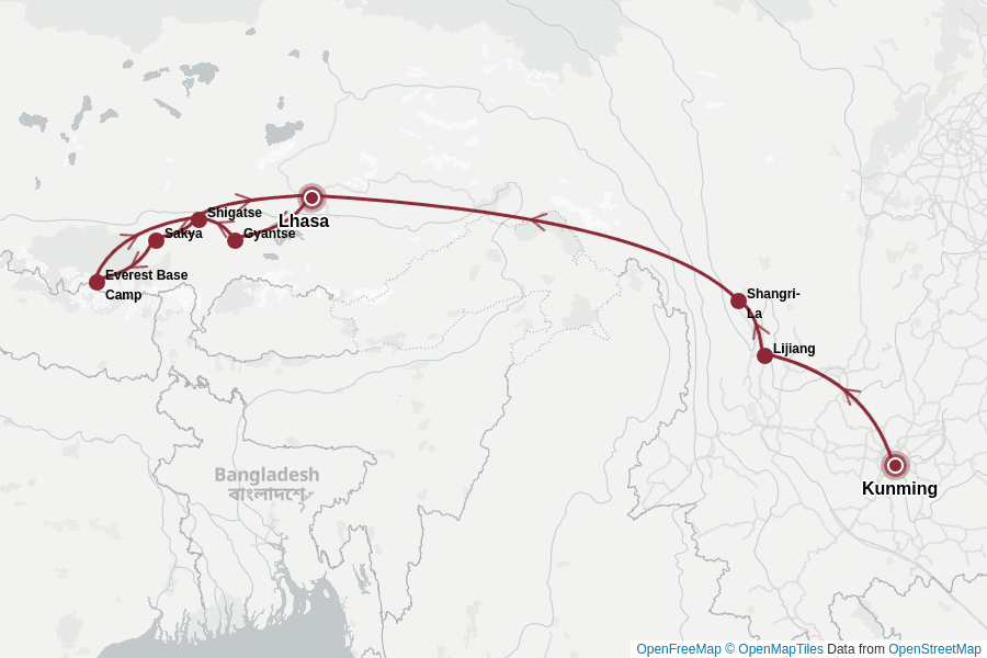 Itinerary Map image for Découverte Yunnan-Tibet