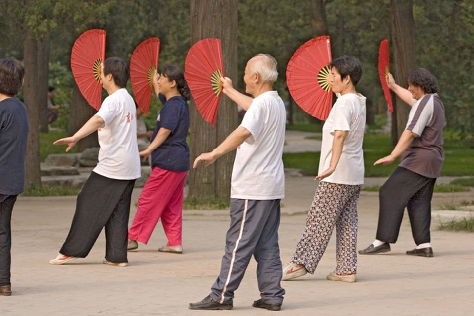 Chinesen mit Fächern beim Tai Chi